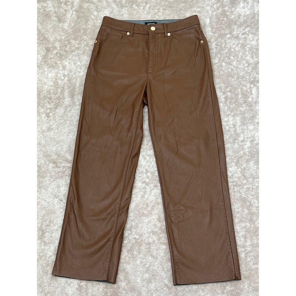 Express Faux Leather Pants Size 4 | High Waist Brown Straight Leg Trendy Chic